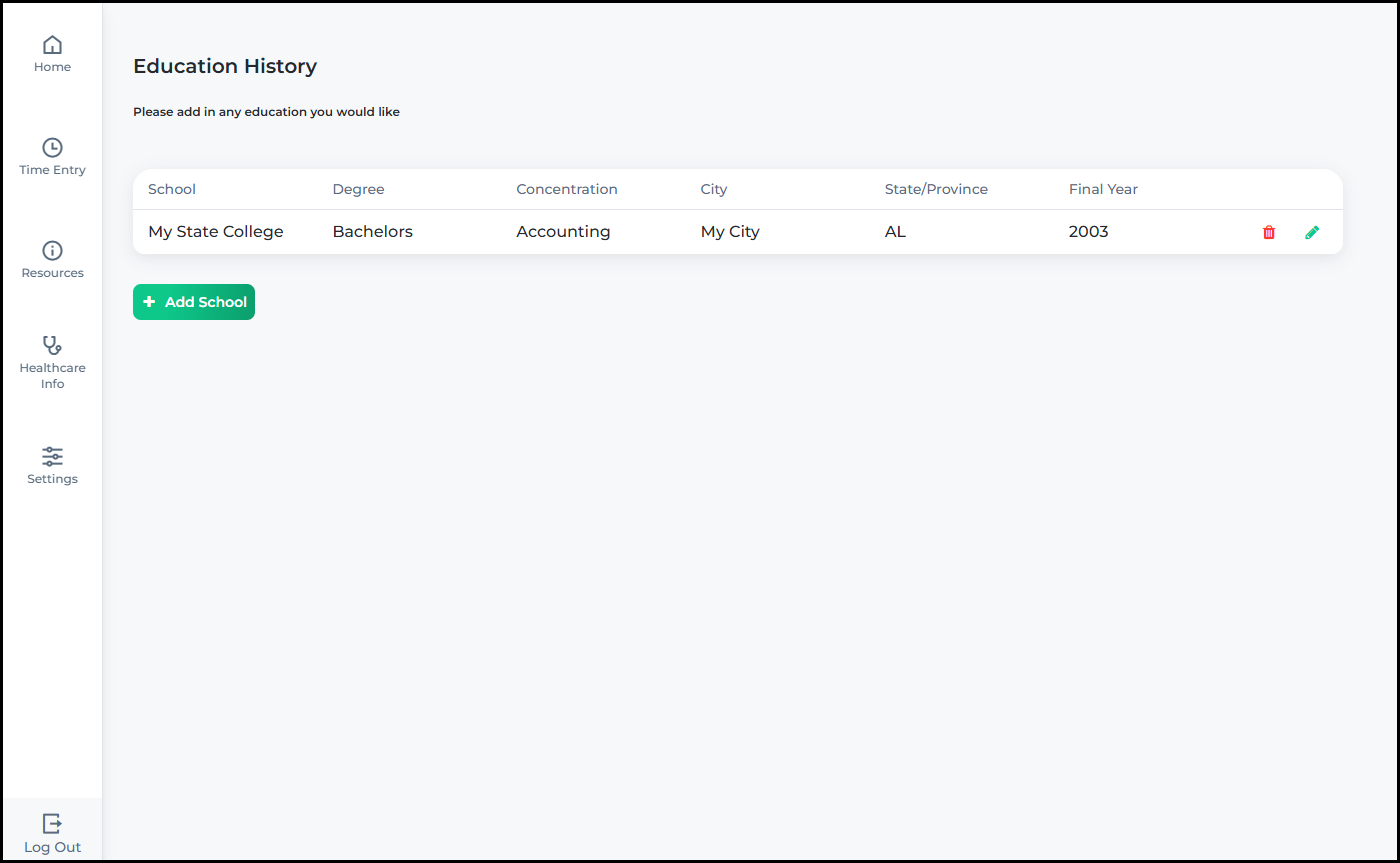 The updated Education History section showing education records in a card-based layout with icon-based pencil edit and trash delete actions per record.